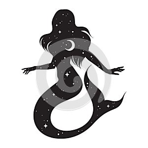 Beautiful mermaid silhouette with crescent moon and stars in profile isolated. Boho chic tattoo, sticker or print design vector