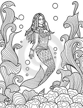 Beautiful mermaid swimming under the sea for adult coloring book pages. Vector illustration