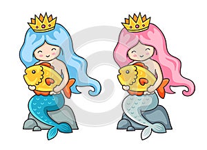 Beautiful mermaids with golden fish.