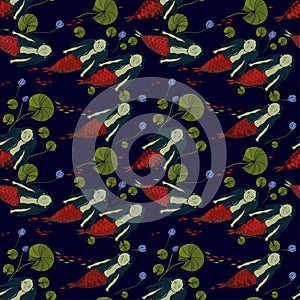 Beautiful mermaids with red ones in a flock with fish and water lilies. seamless vector pattern