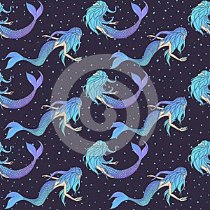 Beautiful mermaids vector seamless pattern. Underwater mythical