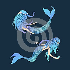 Beautiful mermaids vector set. Underwater mythical creatures iso