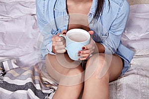 Beautiful Merry Christmas morning brunette woman drink cup sweet