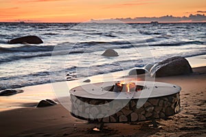 The beautiful metal round a fireplace stands on the sandy coast with a tidal wave at sunset, stones, sand, waves, the