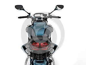 Beautiful metallic teal modern sports motorcycle - tail view