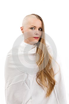 Beautiful middle age woman cancer patient without hair