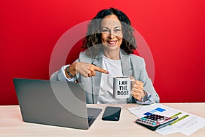 Beautiful middle age woman drinking from i am the boss coffee cup smiling happy pointing with hand and finger