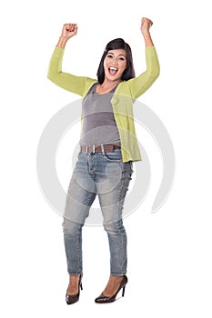 Beautiful middle aged Asian woman very excited and happy isolate