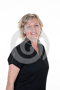 Beautiful middle aged blonde woman senior on white background