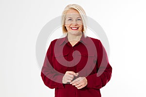 Beautiful middle aged woman smiling warmly over white