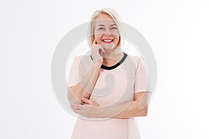 Beautiful middle aged woman smiling warmly over white
