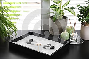 Beautiful miniature zen garden, candles and incense sticks on black table indoors