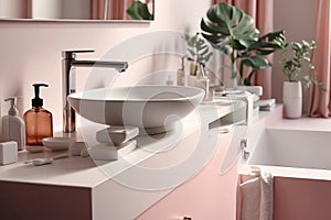 Beautiful Minimal Restroom Counter Top: Home Interior Design Mockup Template Background.