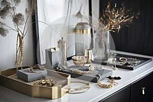 a beautiful, minimalist jewelry display featuring a mix of gold and silver pieces