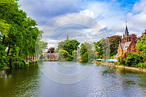 Beautiful Minnerwater park canal Bruges city Belgium