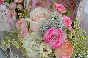 Floral arrangements and decoration. Beautiful mix of pink and white roses close-up. flowers floristry