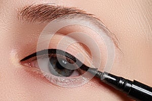 Beautiful model applying eyeliner close-up on eye. Make-up photo