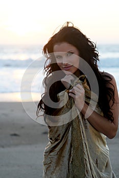 Beautiful model on the beach at sunset