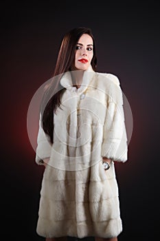 Beautiful model in fur coat white mink