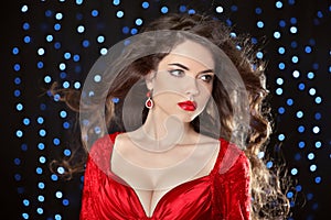 Beautiful model girl with long wavy shiny hair and red lips isol