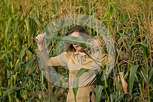 Beautiful model girl with trendy gold makeup posing at camera on morning sunrise over the corn field