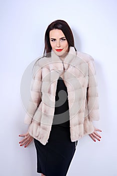 Beautiful model looking at camera in mink coat