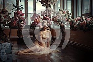 Beautiful model is posing with creative makeup and flowers