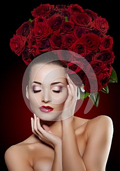 Beautiful model woman rose flower in hair beauty salon makeup