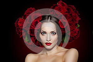 Beautiful model woman rose flower in hair beauty salon makeup Y
