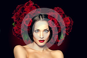 Beautiful model woman rose flower in hair beauty salon makeup Y