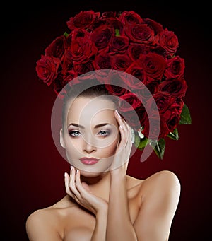 Beautiful model woman rose flower in hair beauty salon makeup Yo