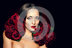 Beautiful model woman rose flower in hair beauty salon makeup Yo