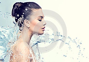 Beautiful model woman with splashes of water