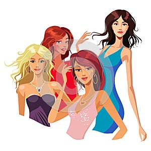 Beautiful models in evening dresses. Isolated vector illustration