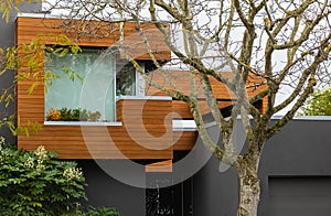 Beautiful modern architecture - low energetic wooden panels house and garden. Modern country house villa from the wood