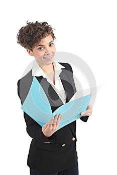 Beautiful and modern businesswoman reading a repor photo