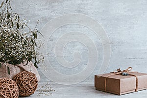 Beautiful and modern christmas gift composition on wooden background. Copy space, greeting card
