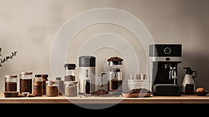 Beautiful modern countertop coffee bar with an array of coffee beans, grounds, capsules, and brewing equipment. AI generated.