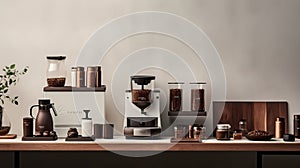 Beautiful modern countertop coffee bar with an array of coffee beans, grounds, capsules, and brewing equipment. AI generated.