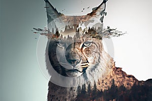 Beautiful modern design lynx with double exposure nature background