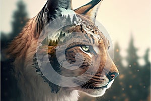 Beautiful modern design lynx with double exposure nature background