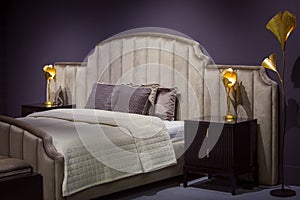 Beautiful modern designer bedroom in dark colors, with golden lights and floor lamp