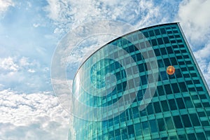 Beautiful Modern Glass Office Building Cloudy Sky Background Bottom View Copenhagen Denmark. European architecture Architecture