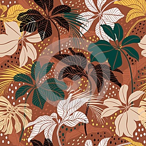 Beautiful Modern hand drawn Botanical foliage leaves tropical mood mix with polka dots seamless pattern illustration vector EPS10,