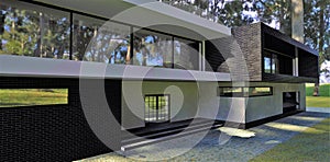 Beautiful modern high-tech house. The windows reflect the ancient dark forest. 3d render.