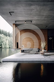 Beautiful modern house architecture with concrete and wood walls, water around, in the middle of nature. Generative Ai