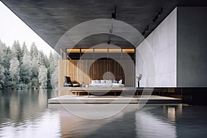 Beautiful modern house architecture with concrete and wood walls, water around, in the middle of nature. Generative Ai