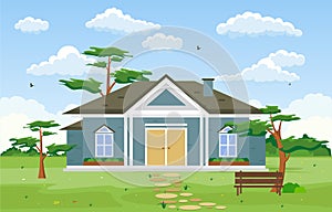 Beautiful Modern House Exterior Facade Yard Residential Illustration