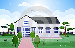 Beautiful Modern House Exterior Facade Yard Residential Illustration