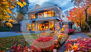 Beautiful modern house in the garden with colorful fall foliage at dusk